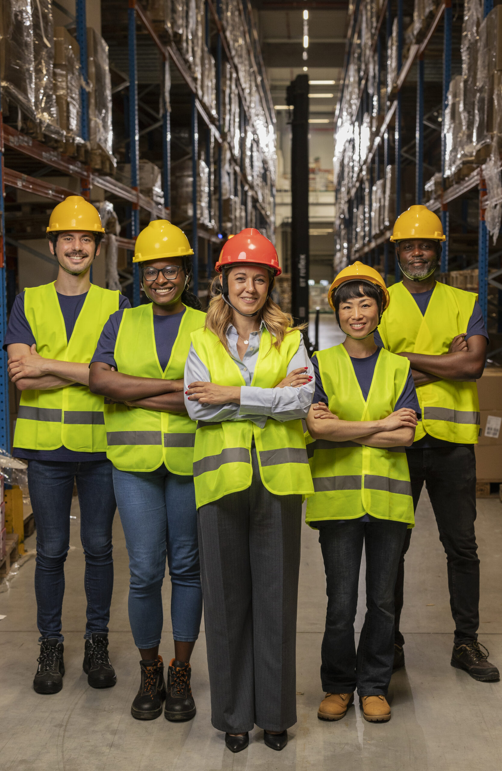 Diverse Warehouse Team Wearing Safety Gear in Industrial Setting